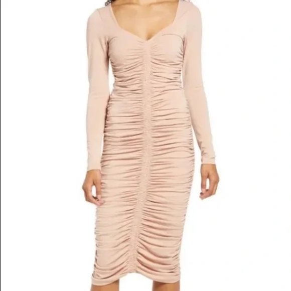 Rachel Parcell bodycon ruched blush/tan midi dress - Picture 1 of 6